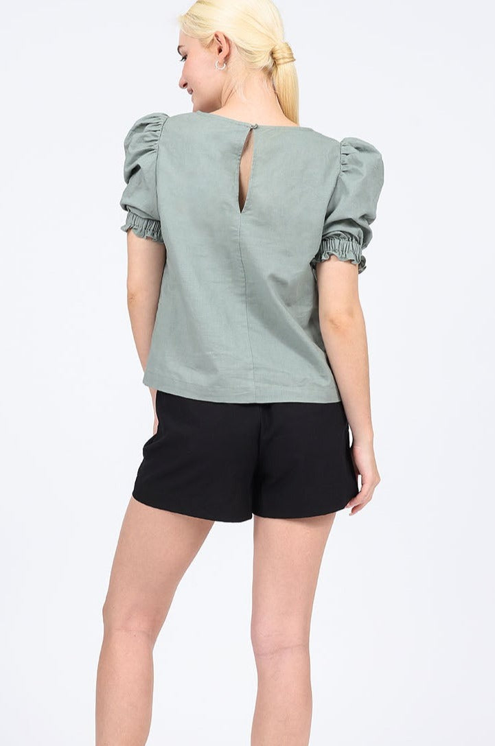 Amelie Linen-blend Puffed Sleeves Top in Camping Green