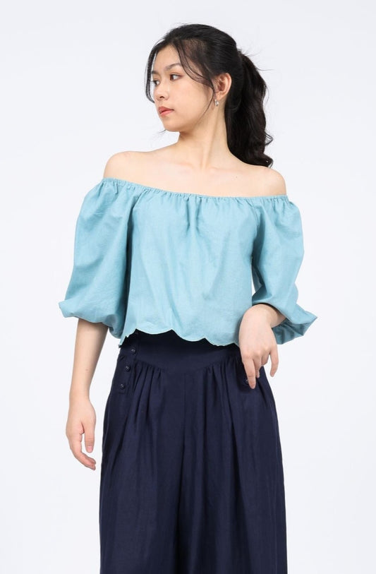 Lydia Linen-blend Puffed Sleeves Top in Cameo Blue