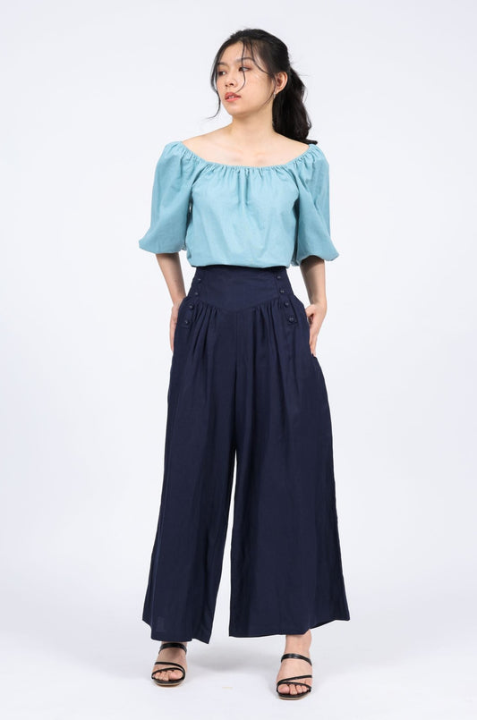 Denise Linen-blend Palazzo Pants in Navy