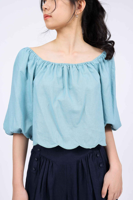 Lydia Linen-blend Puffed Sleeves Top in Cameo Blue