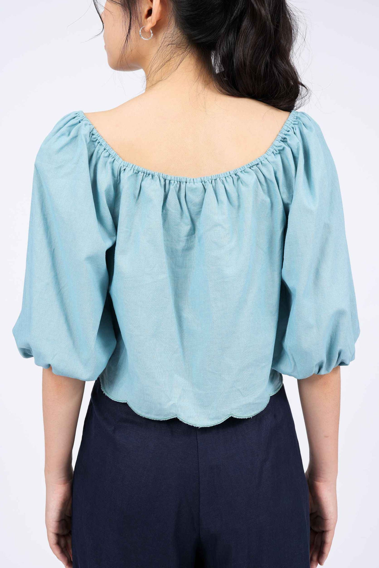 Lydia Linen-blend Puffed Sleeves Top in Cameo Blue