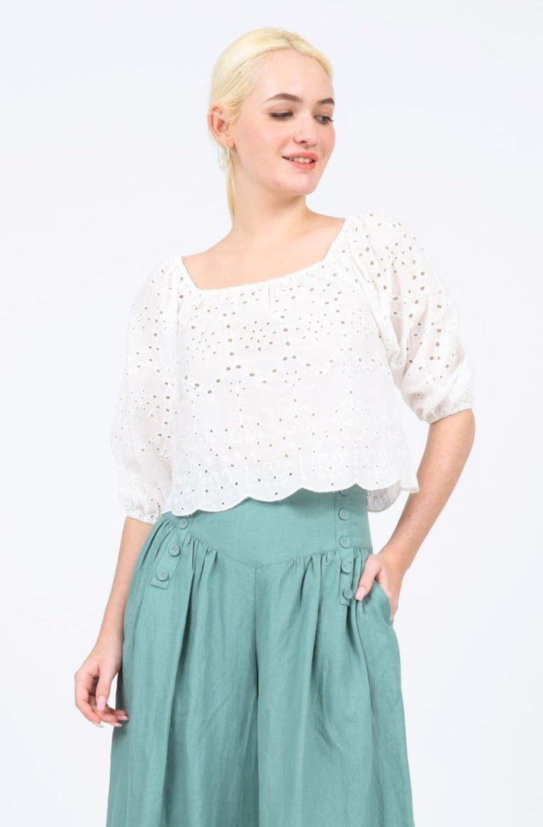 Lydia Linen-blend Puffed Sleeves Top in Embroidered Lace