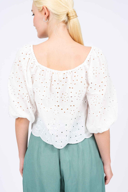 Lydia Linen-blend Puffed Sleeves Top in Embroidered Lace