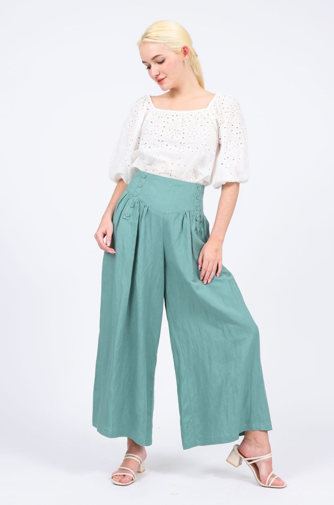 Denise Linen-blend Palazzo Pants in Green