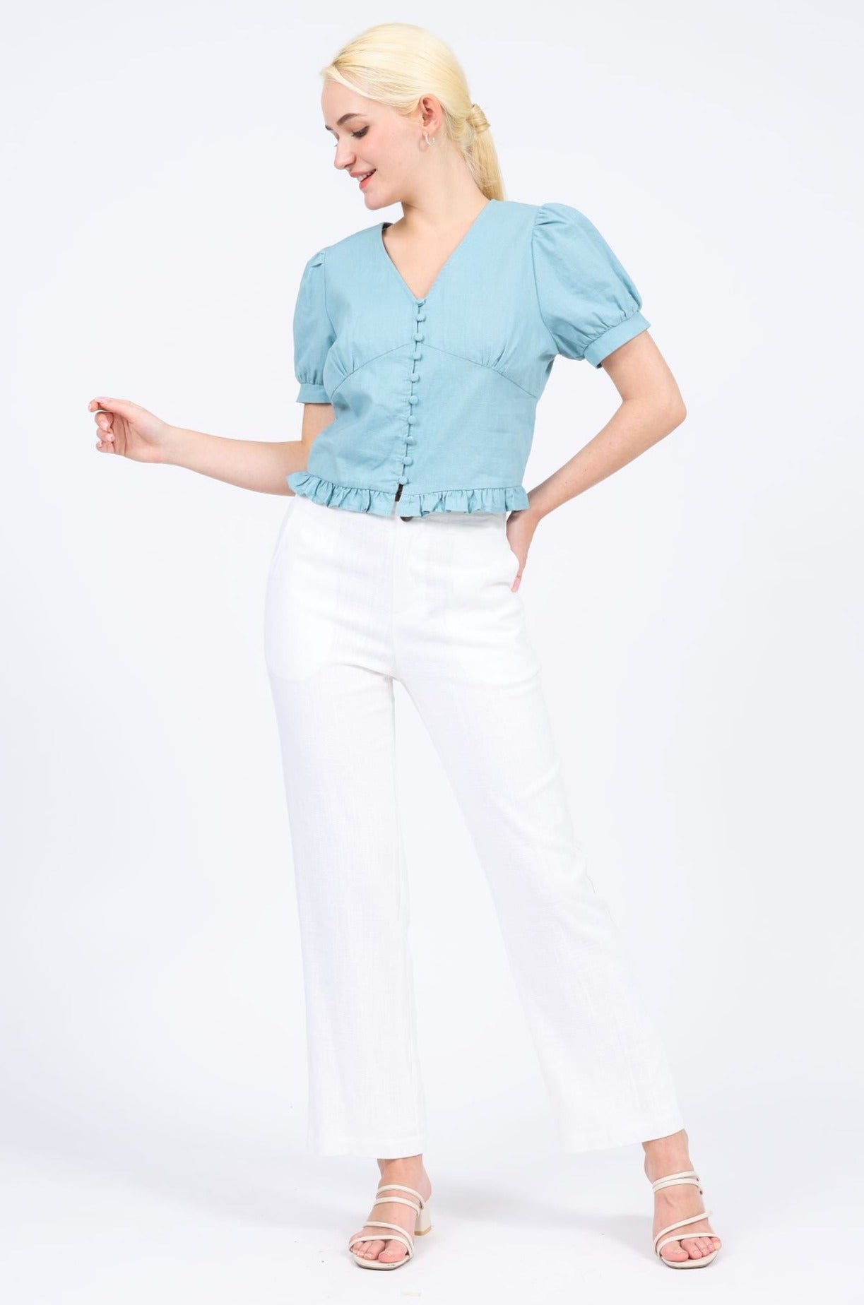 Natalie Linen-blend V-neck Top in Cameo Blue