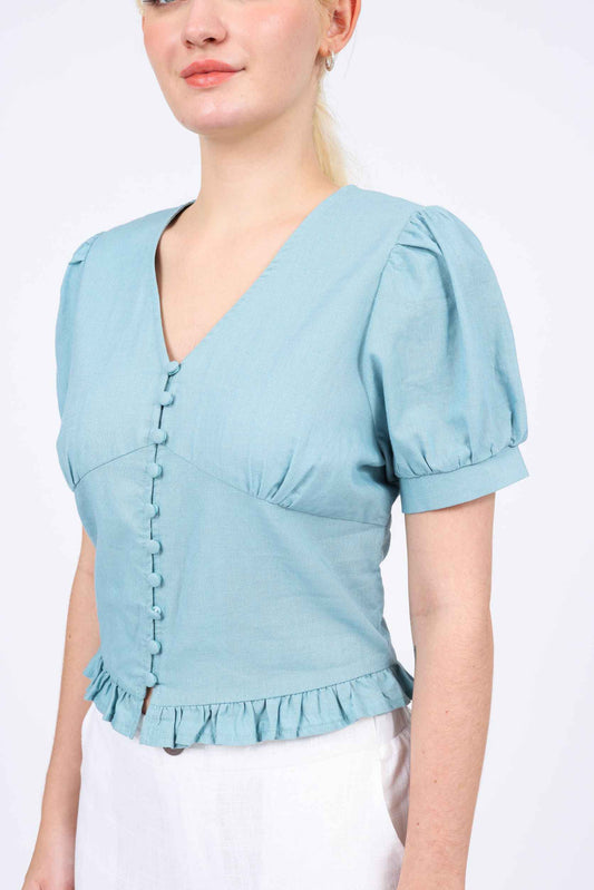 Natalie Linen-blend V-neck Top in Cameo Blue