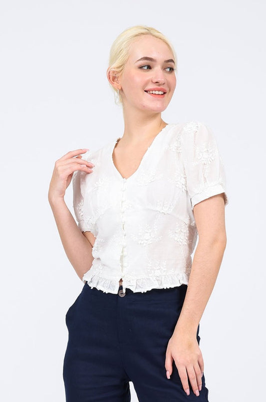 Natalie Linen-blend V-neck Top in Embroidered Lace