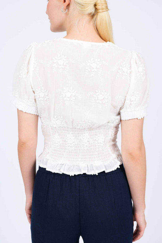 Natalie Linen-blend V-neck Top in Embroidered Lace