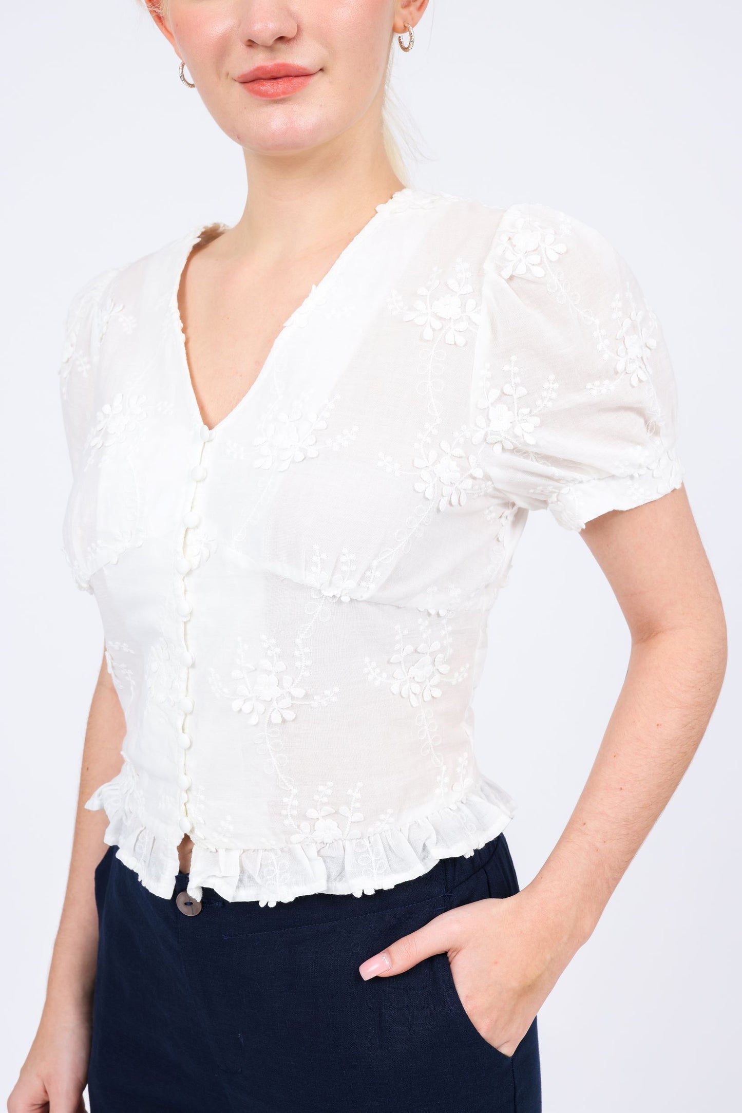 Natalie Linen-blend V-neck Top in Embroidered Lace