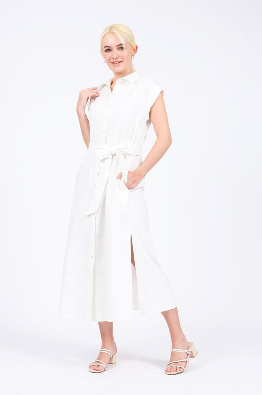 Arielle Linen-blend Tie-belt Shirt Dress in Off White