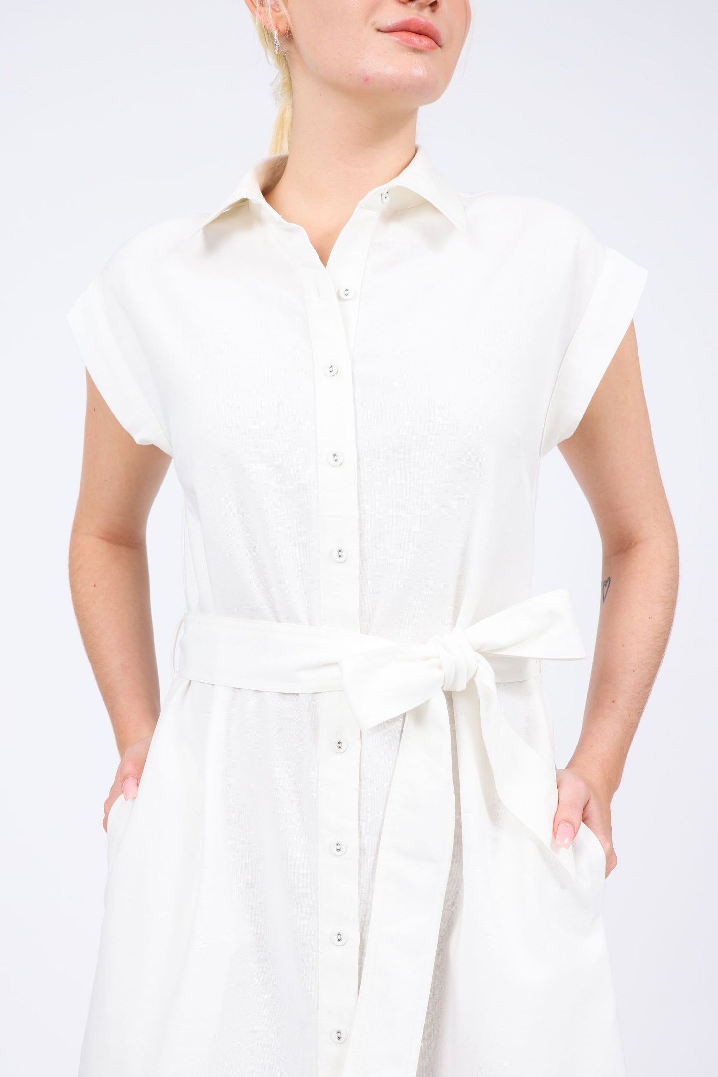 Arielle Linen-blend Tie-belt Shirt Dress in Off White