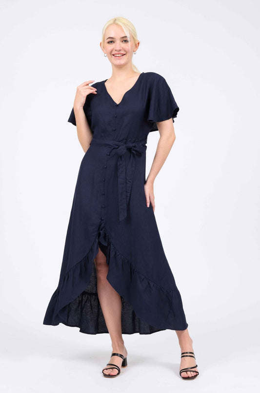 Caroline Linen-blend Butterfly Button-front Dress in Navy