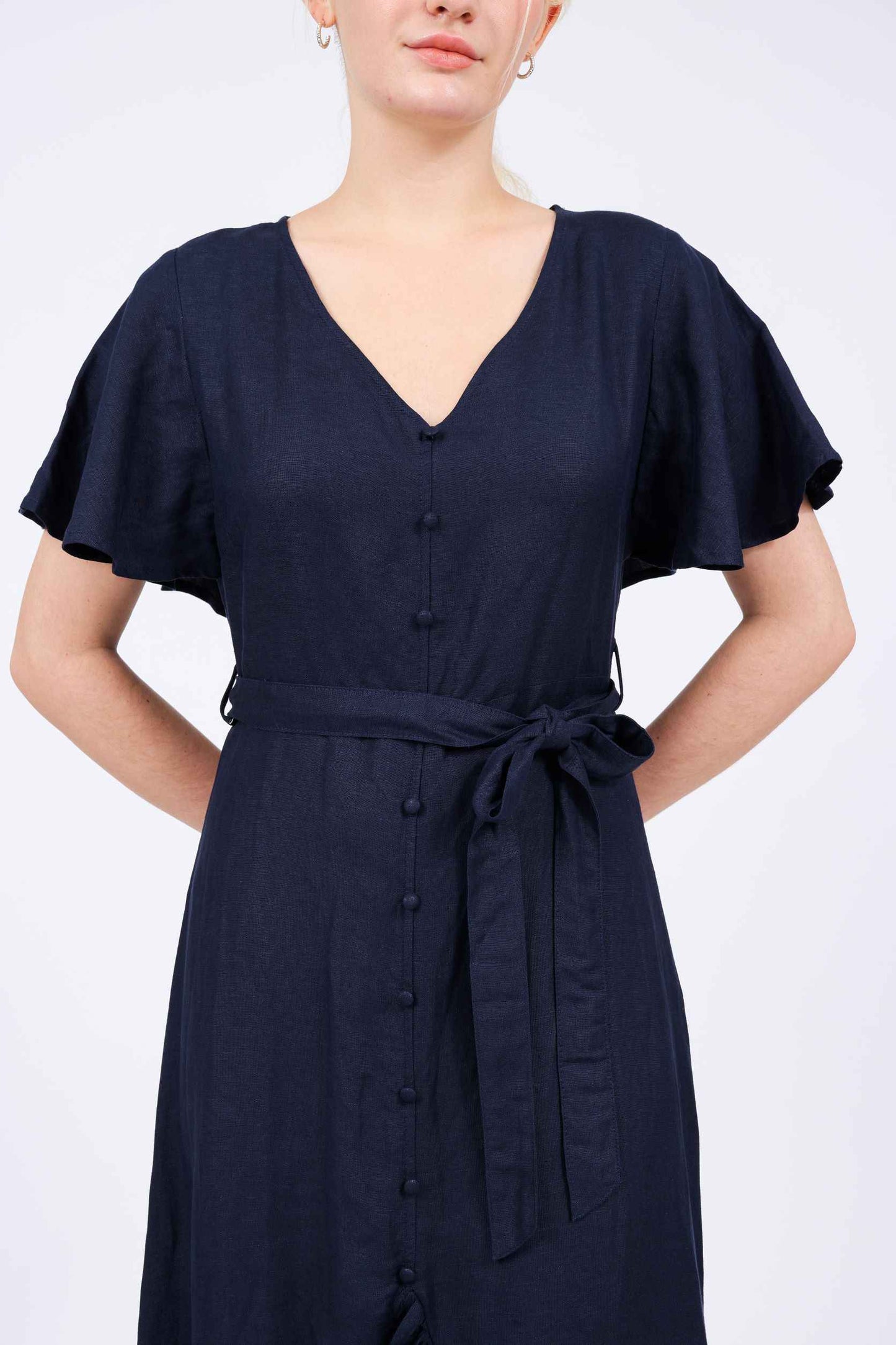 Caroline Linen-blend Butterfly Button-front Dress in Navy