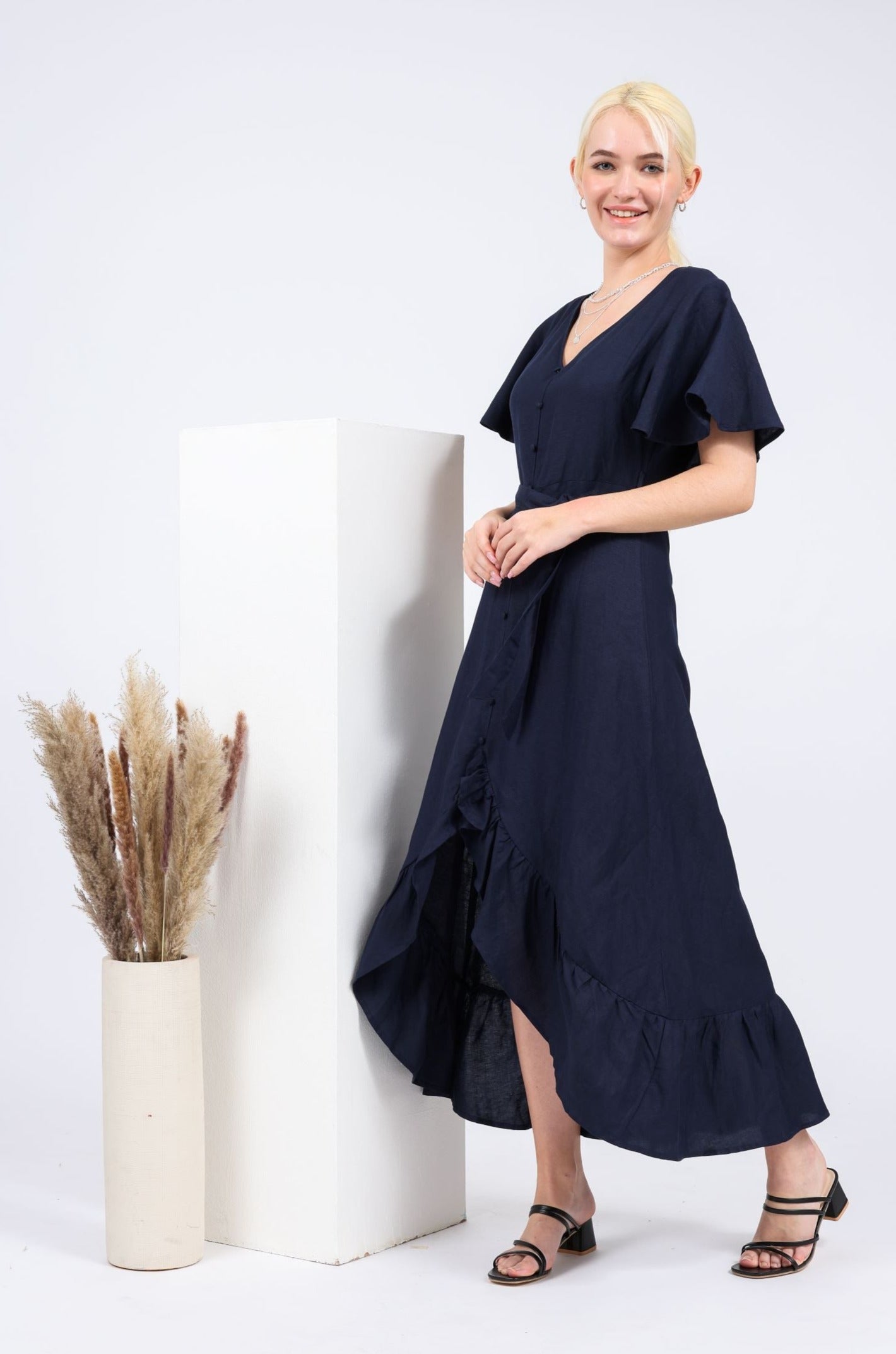 Caroline Linen-blend Butterfly Button-front Dress in Navy