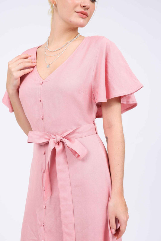 Caroline Linen-blend Butterfly Button-front Dress in Pink