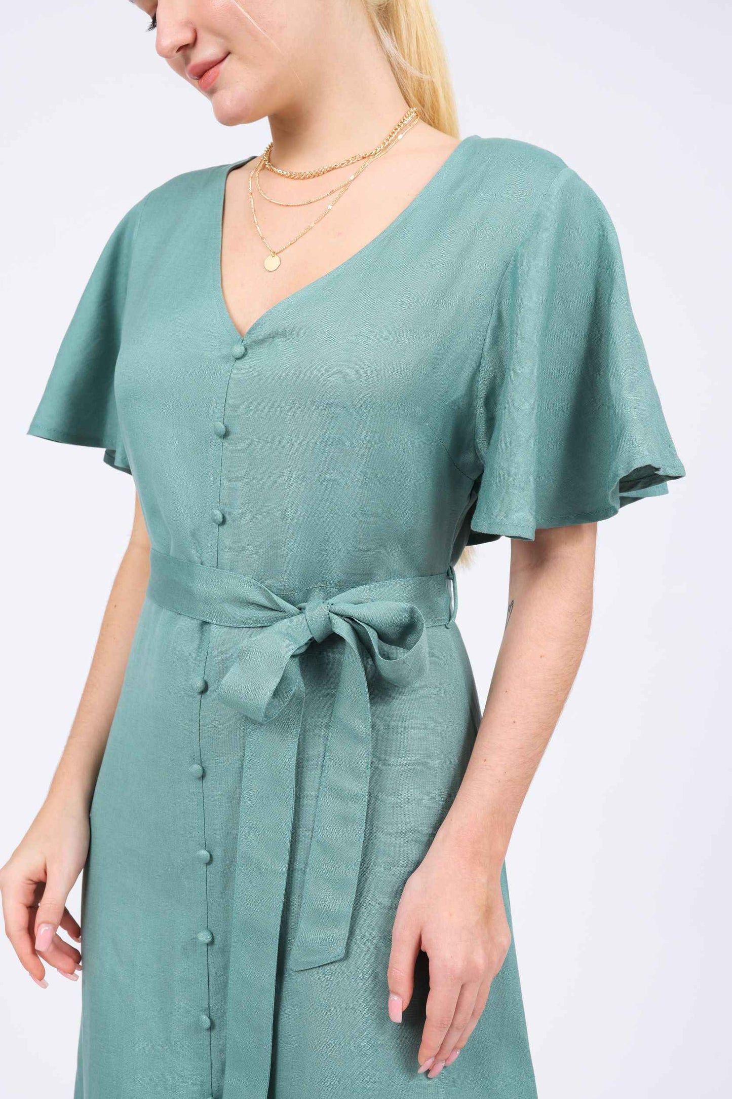 Caroline Linen-blend Butterfly Button-front Dress in Green