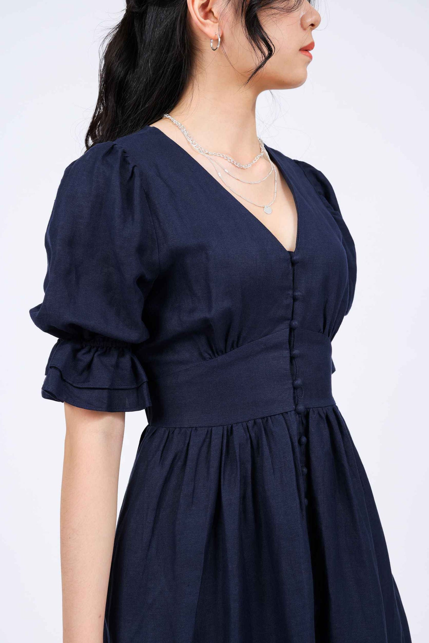 Jolie Linen-blend V-neck Dress in Navy