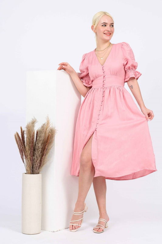 Jolie Linen-blend V-neck Dress in Pink