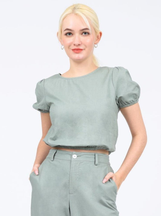 Lucille Linen-blend Puffed Sleeves Crop in Camping Green