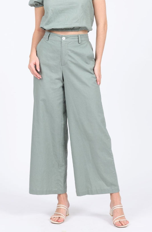 Lucille Linen-blend High Waist Long Pants in Camping Green