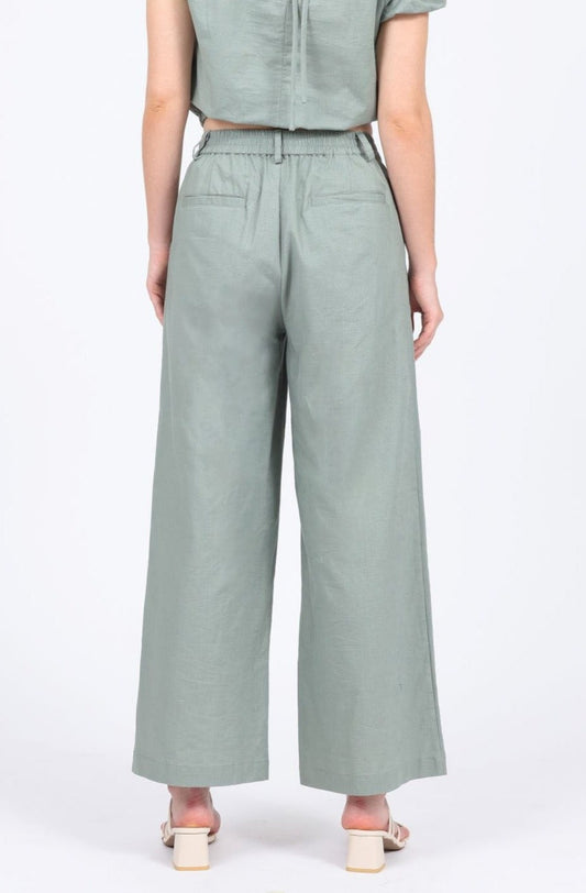 Lucille Linen-blend High Waist Long Pants in Camping Green