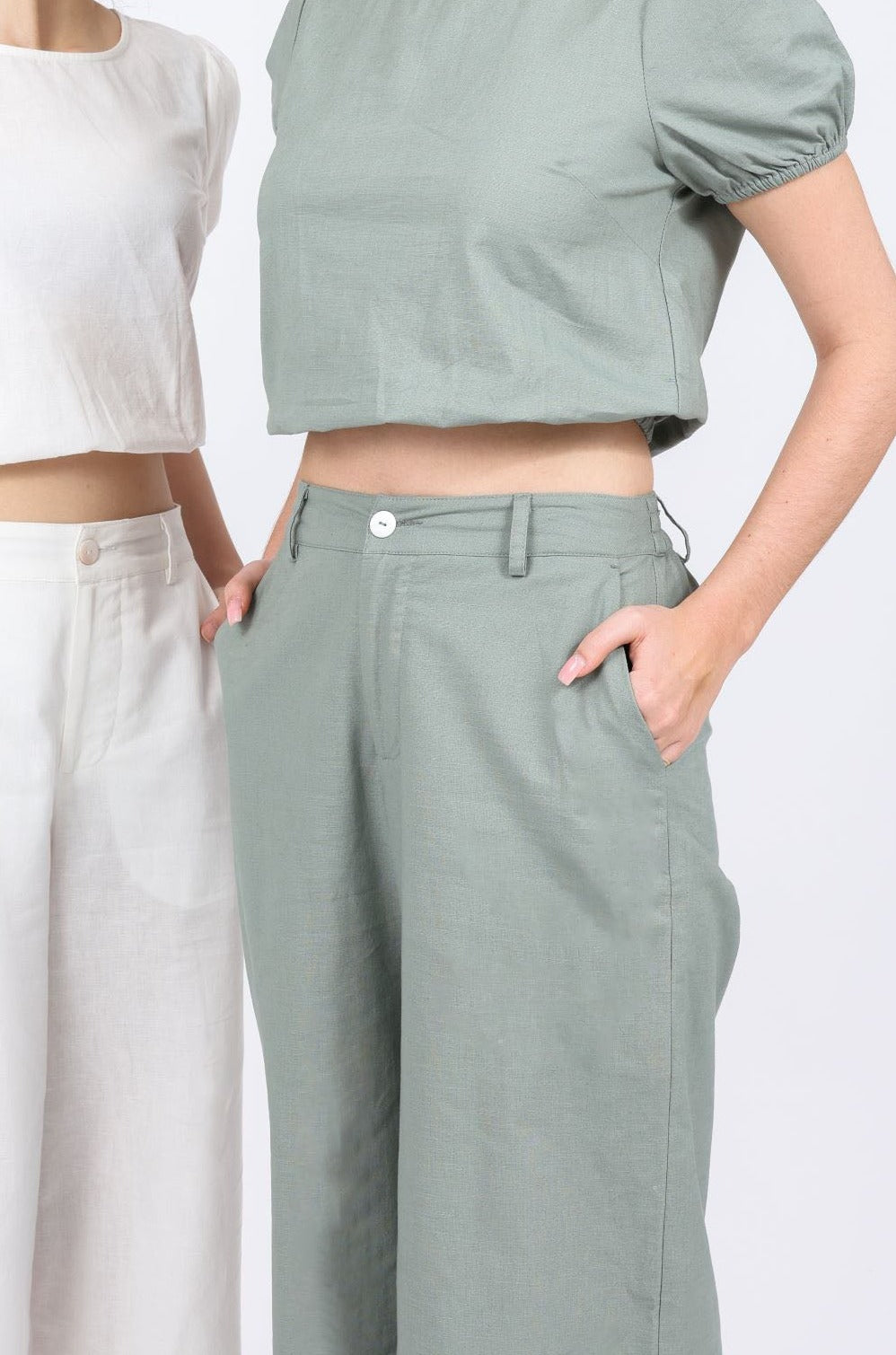 Lucille Linen-blend High Waist Long Pants in Camping Green