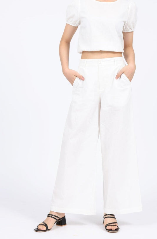 Lucille Linen-blend High Waist Long Pants in Off White