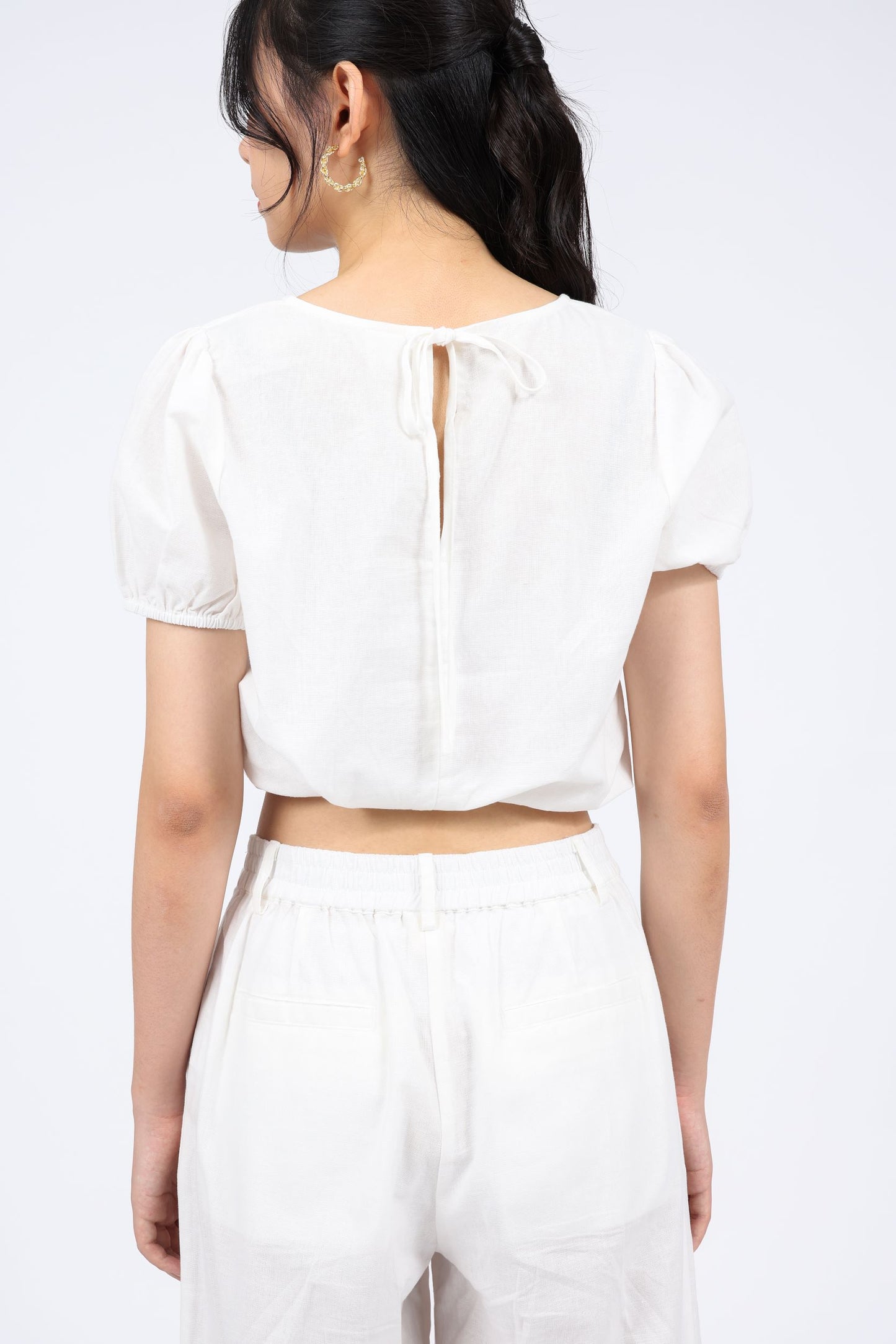 Lucille Linen-blend Puffed Sleeves Crop in Off White