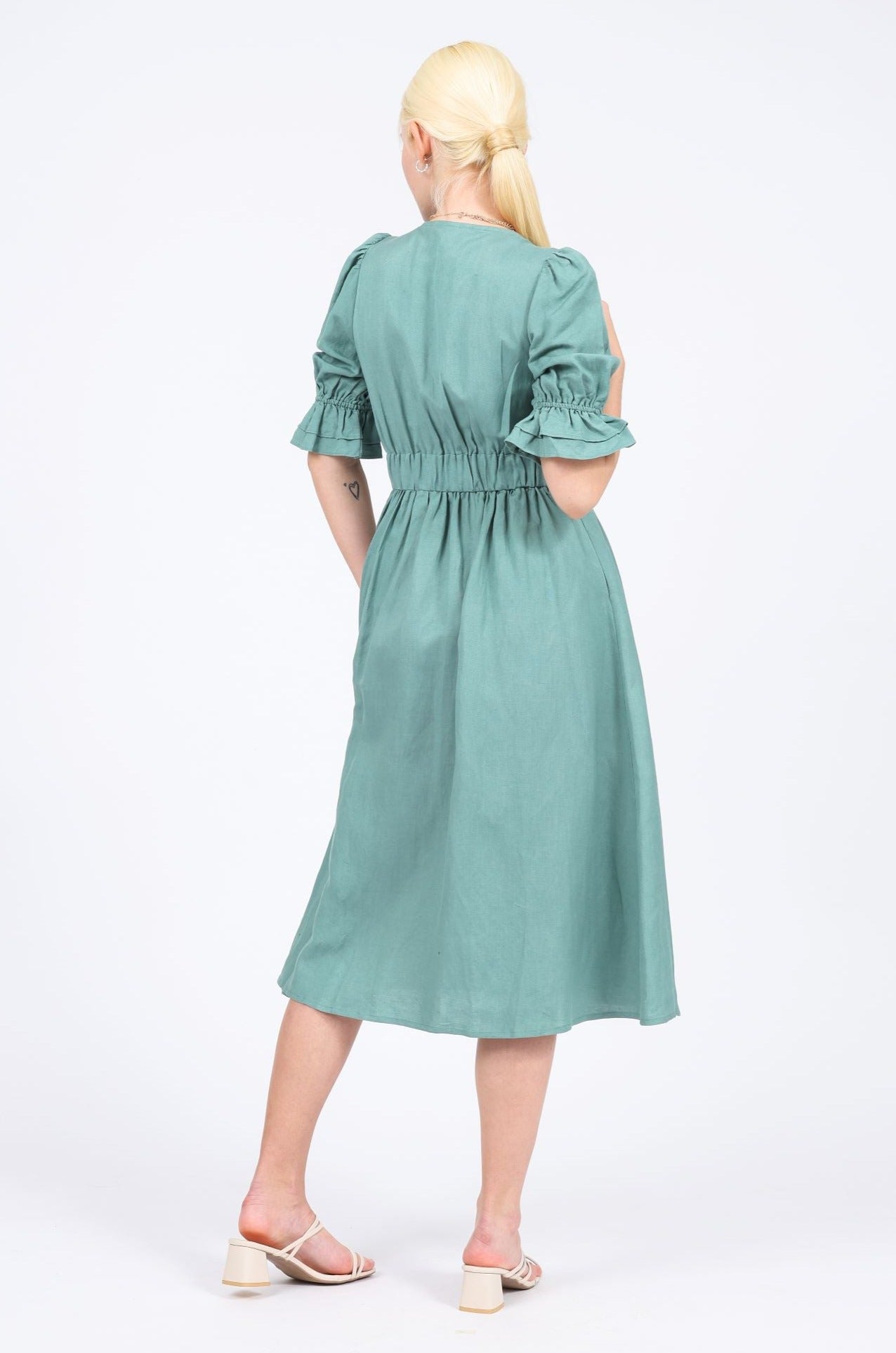 Jolie Linen-blend V-neck Dress in Green