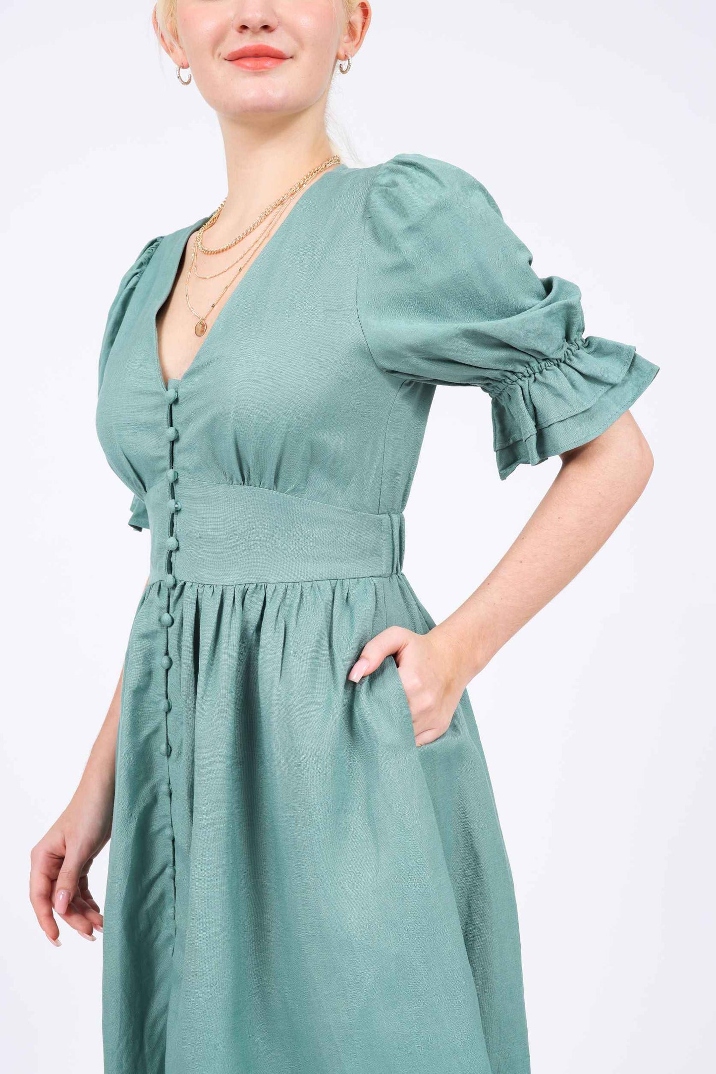 Jolie Linen-blend V-neck Dress in Green