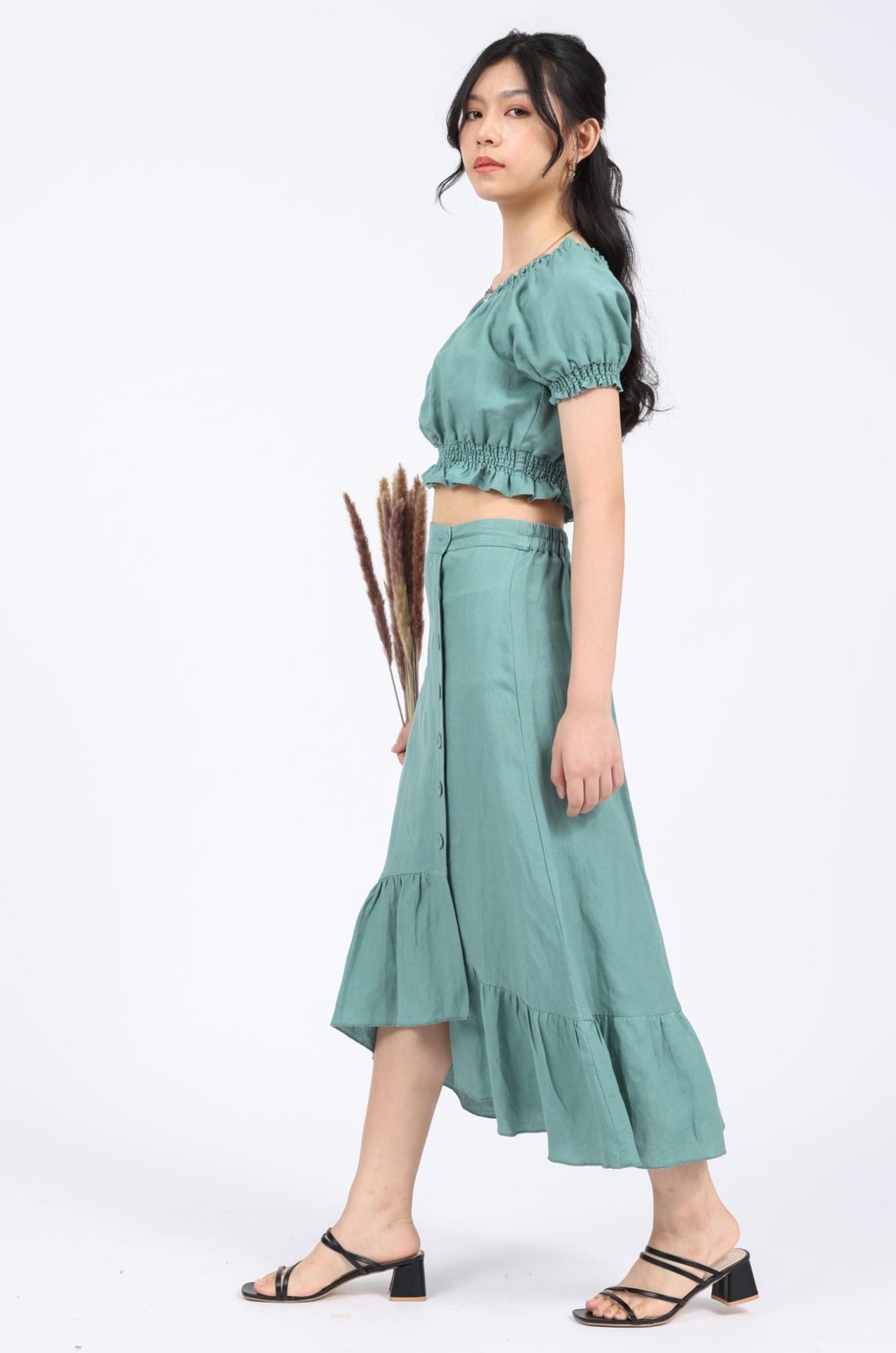 Denise Linen-blend Midi Skirt in Green