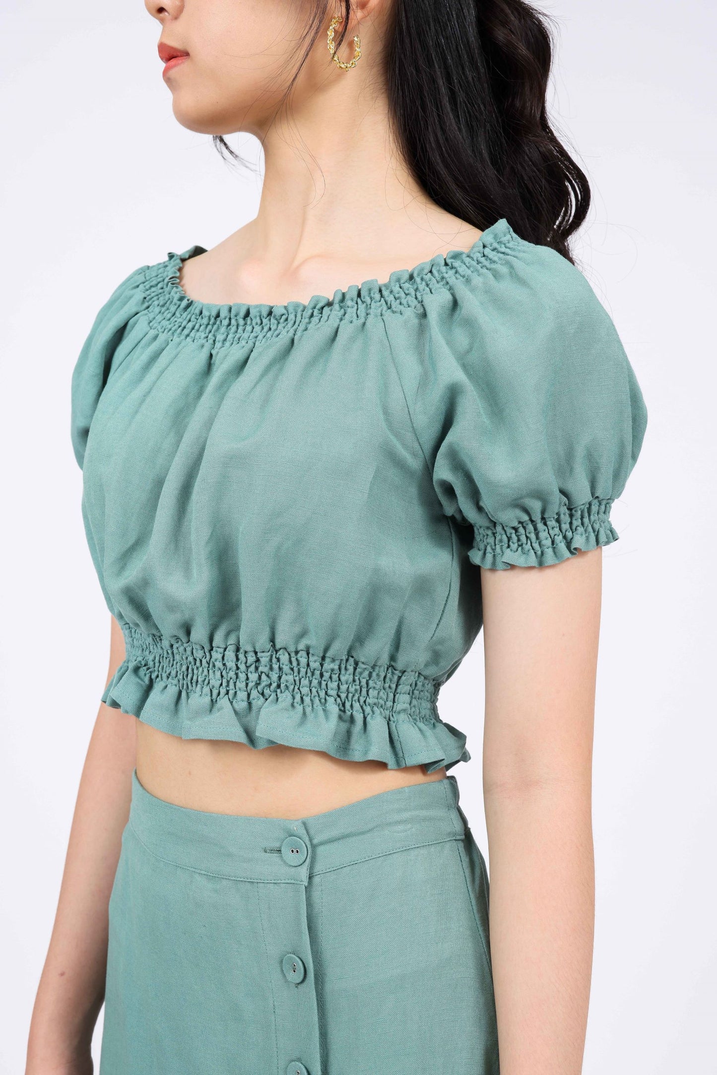 Camille Linen-blend Puffed Sleeves Crop in Cameo Blue