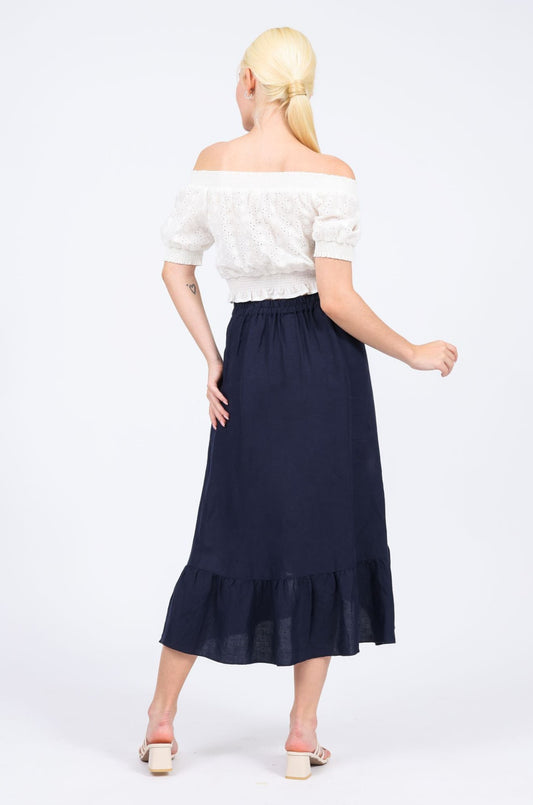 Denise Linen-blend Midi Skirt in Navy