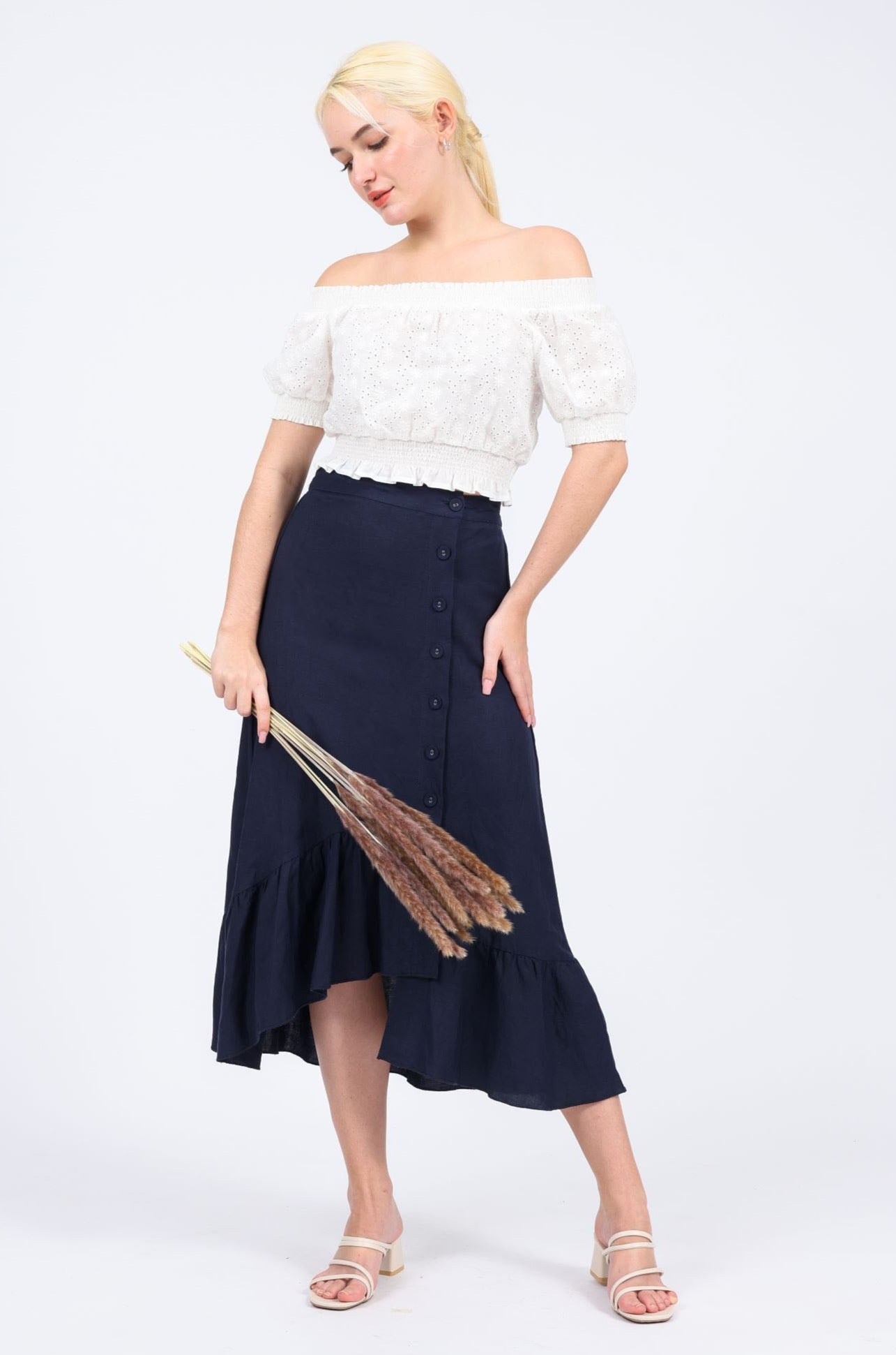 Denise Linen-blend Midi Skirt in Navy