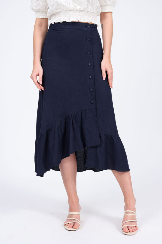 Denise Linen-blend Midi Skirt in Navy