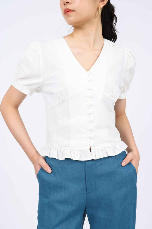 Natalie Linen-blend V-neck Top in Off White