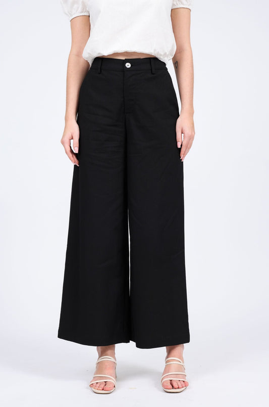 Lucie Linen-blend High Waist Long Pants in Black