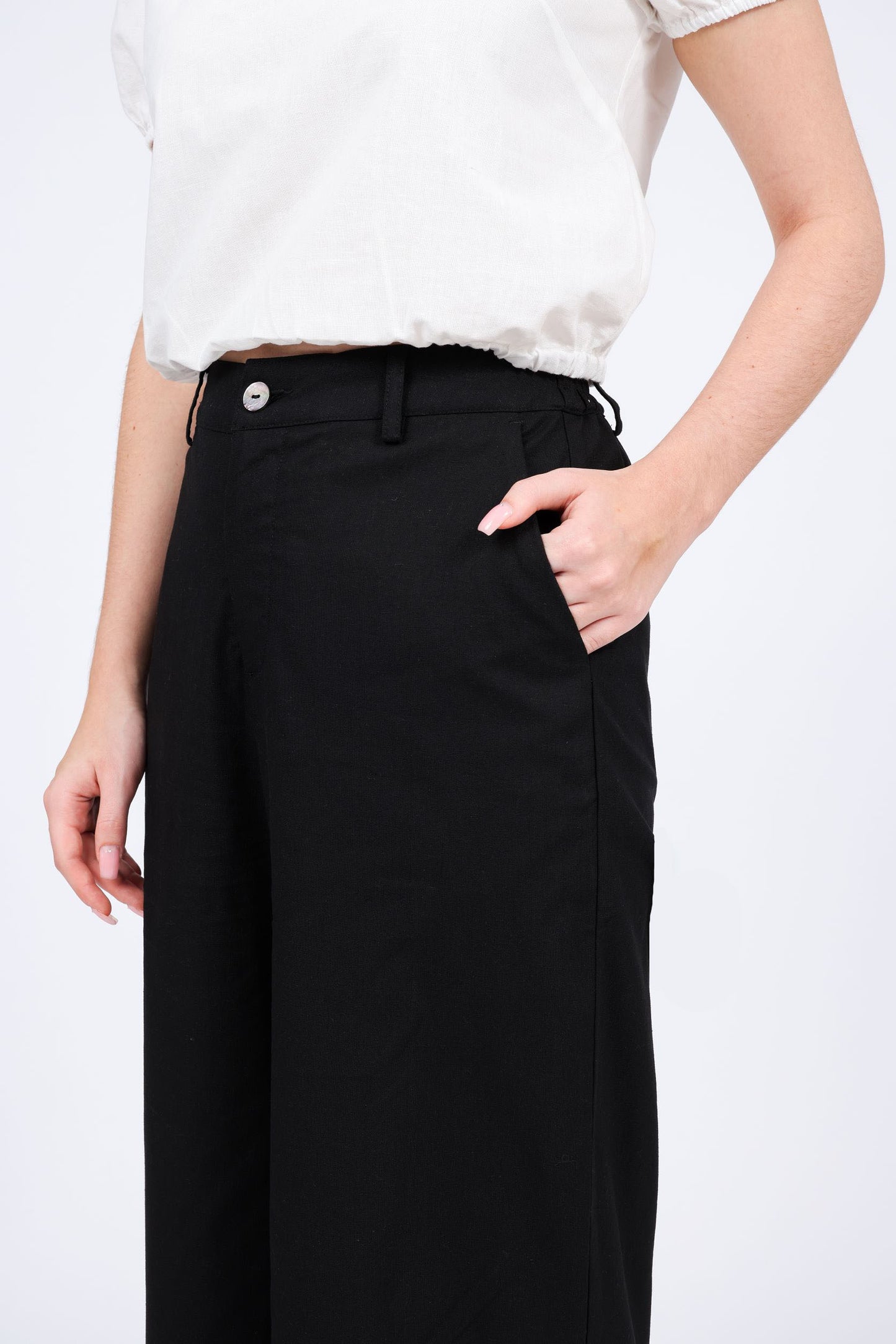 Lucie Linen-blend High Waist Long Pants in Black