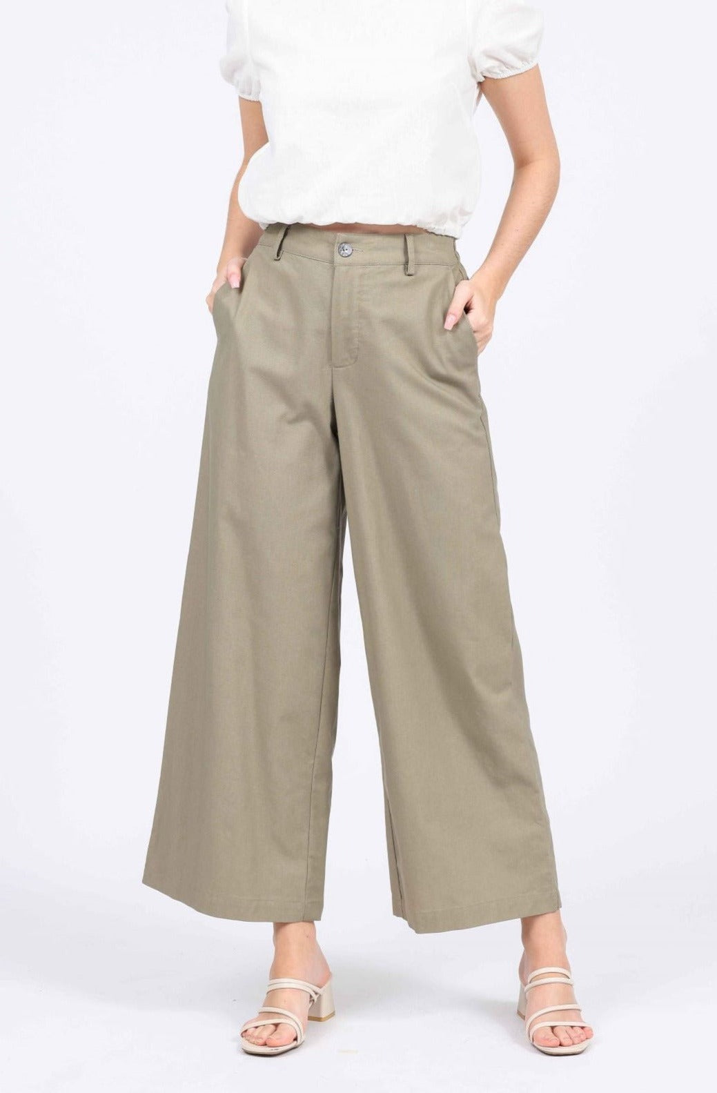 Lucie Linen-blend High Waist Long Pants in Khaki