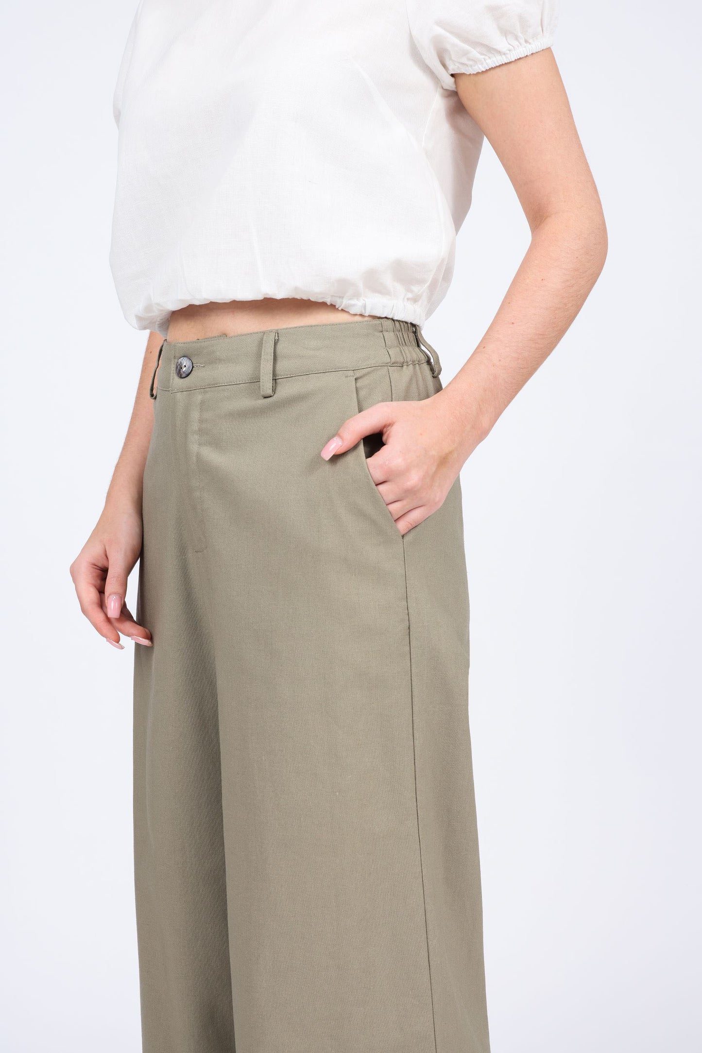 Lucie Linen-blend High Waist Long Pants in Khaki