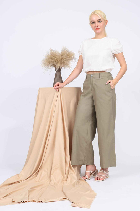 Lucie Linen-blend High Waist Long Pants in Khaki