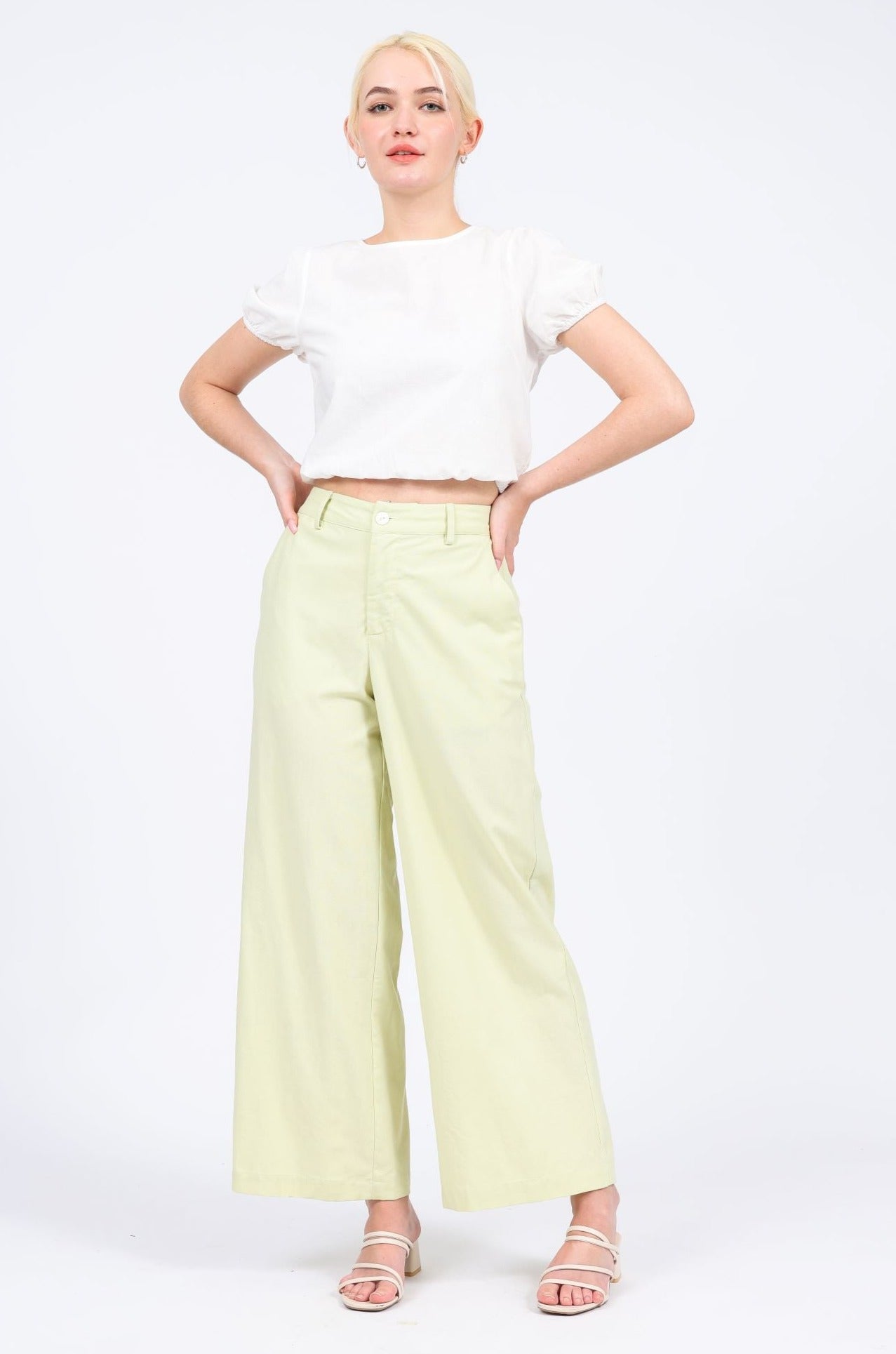 Lucie Linen-blend High Waist Long Pants in Yellow Cream