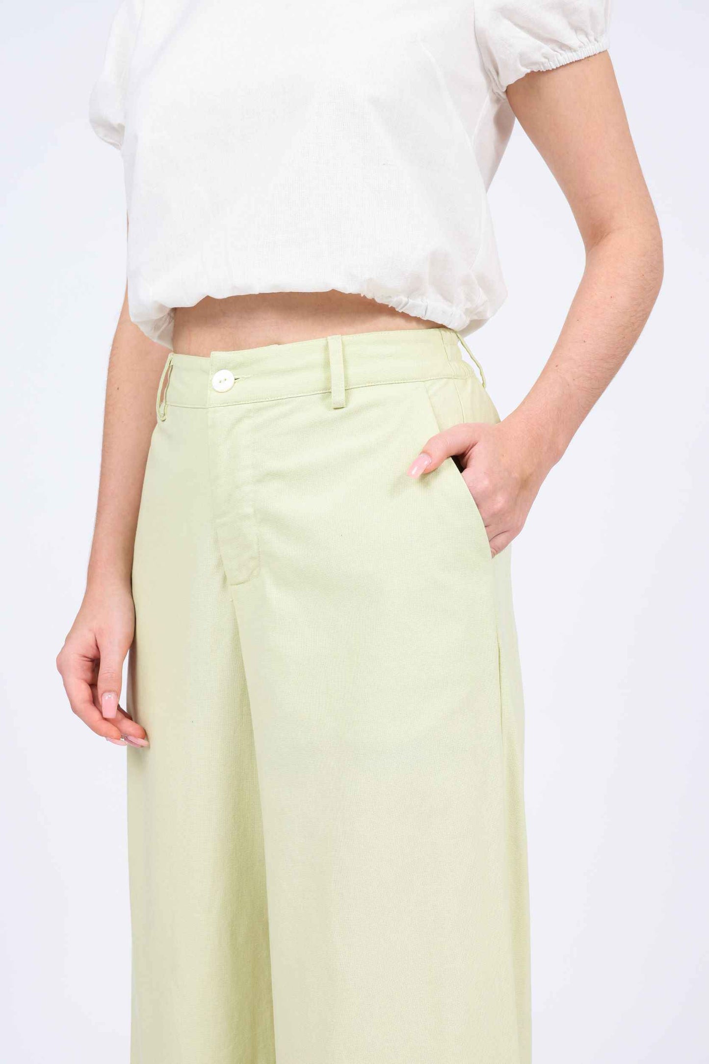 Lucie Linen-blend High Waist Long Pants in Yellow Cream